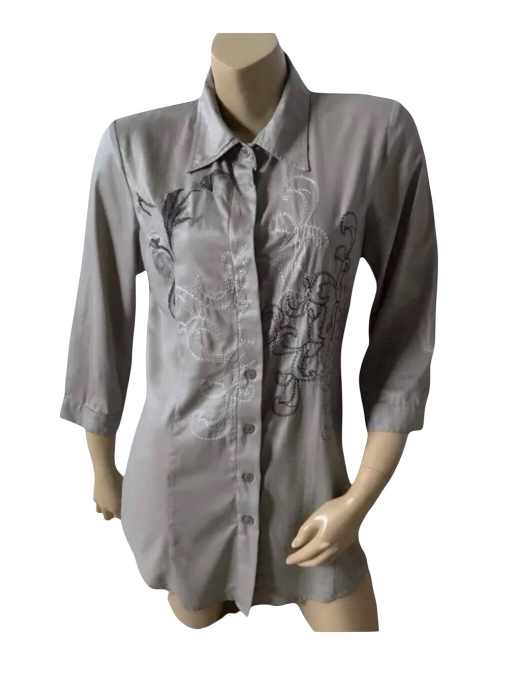 Simon Chang Button Front Blouse Womens Size 10 Gray Embroidered 3/4 Sleeve Top